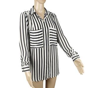 Zoe Baer Silky Tunic Shirt L White Black Stripe Button Top Career Casual Neutral